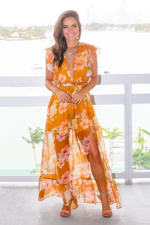 Mustard Floral Maxi Dress with Ruffled Sleeves