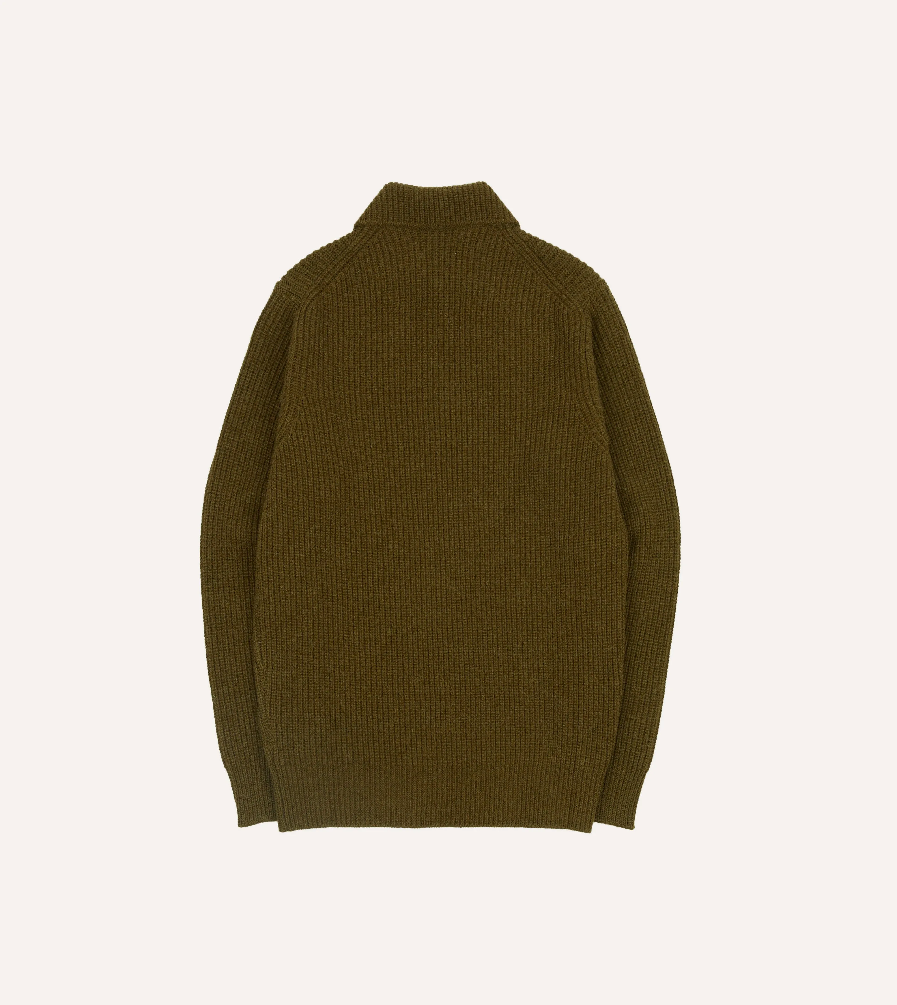 Olive Green Alpaca Lambswool Ribbed Integral Collar Jumper