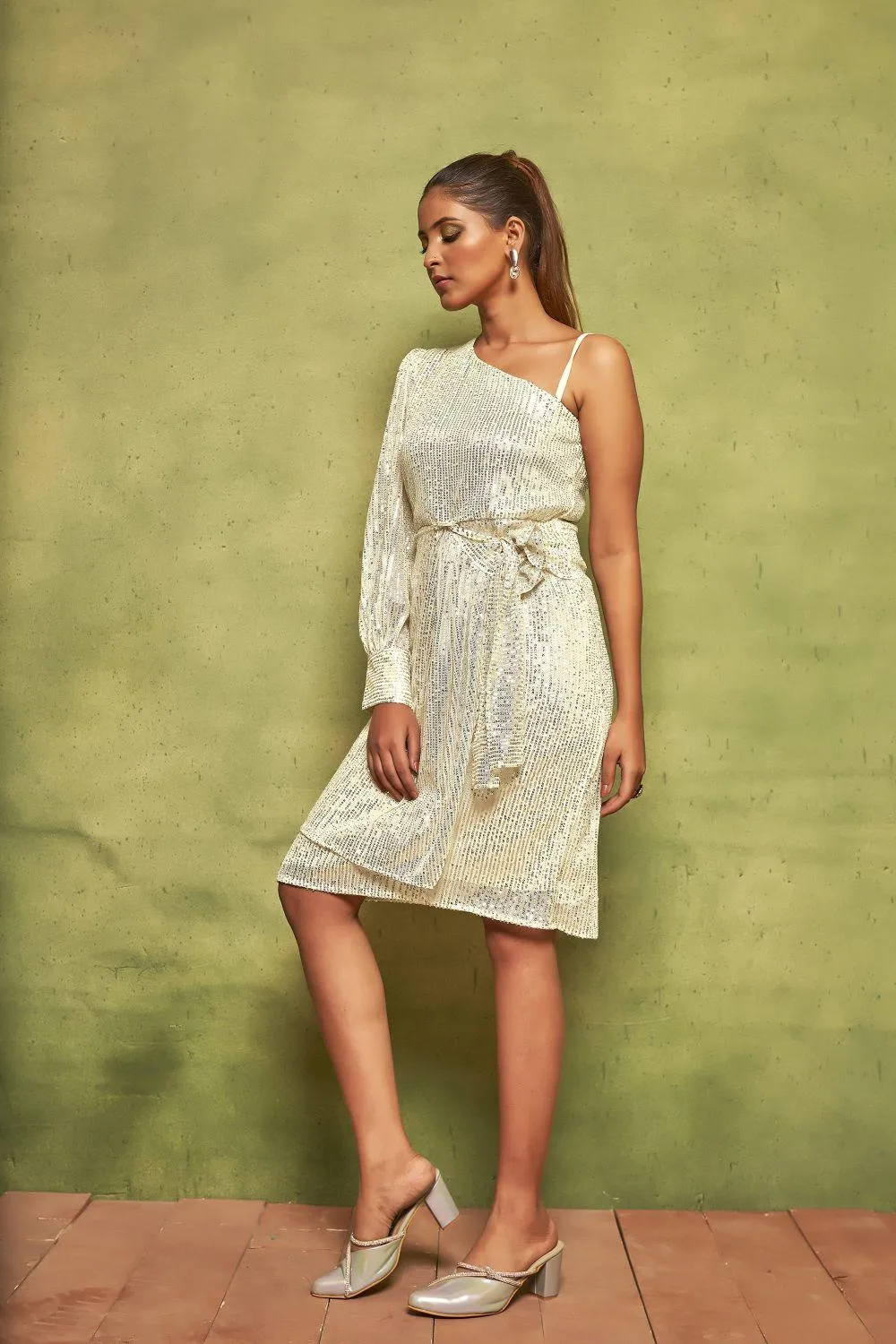 Pearl White Sequin Dress | One-Shoulder A-Line with Bishop Sleeves