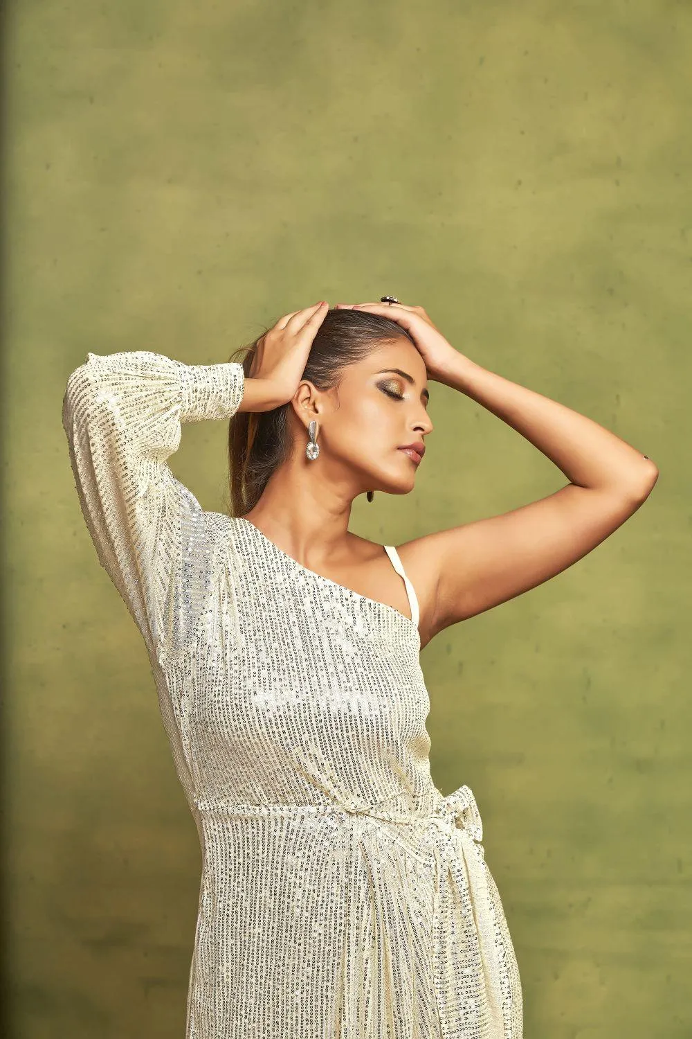 Pearl White Sequin Dress | One-Shoulder A-Line with Bishop Sleeves