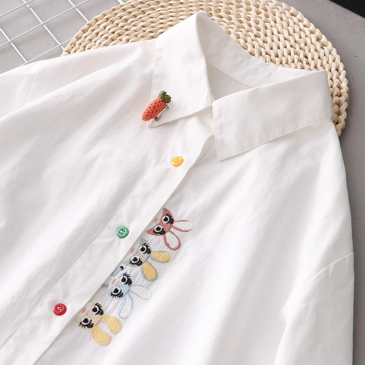 Placket Rabbit Embroidered Shirt