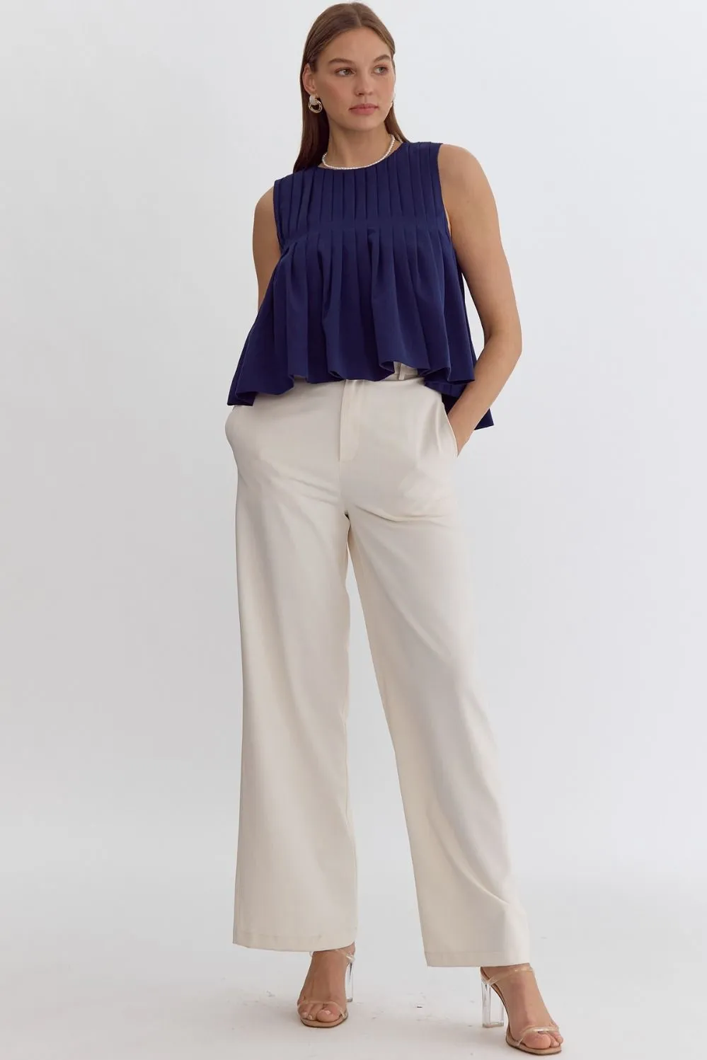 Pleated Sleeveless Cropped Ruffled Detail Top