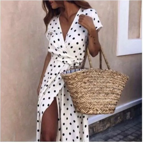 Plunging Neck Side Split Short Sleeve Polka Dot Print Maxi Long Dress