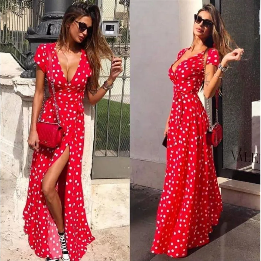 Plunging Neck Side Split Short Sleeve Polka Dot Print Maxi Long Dress