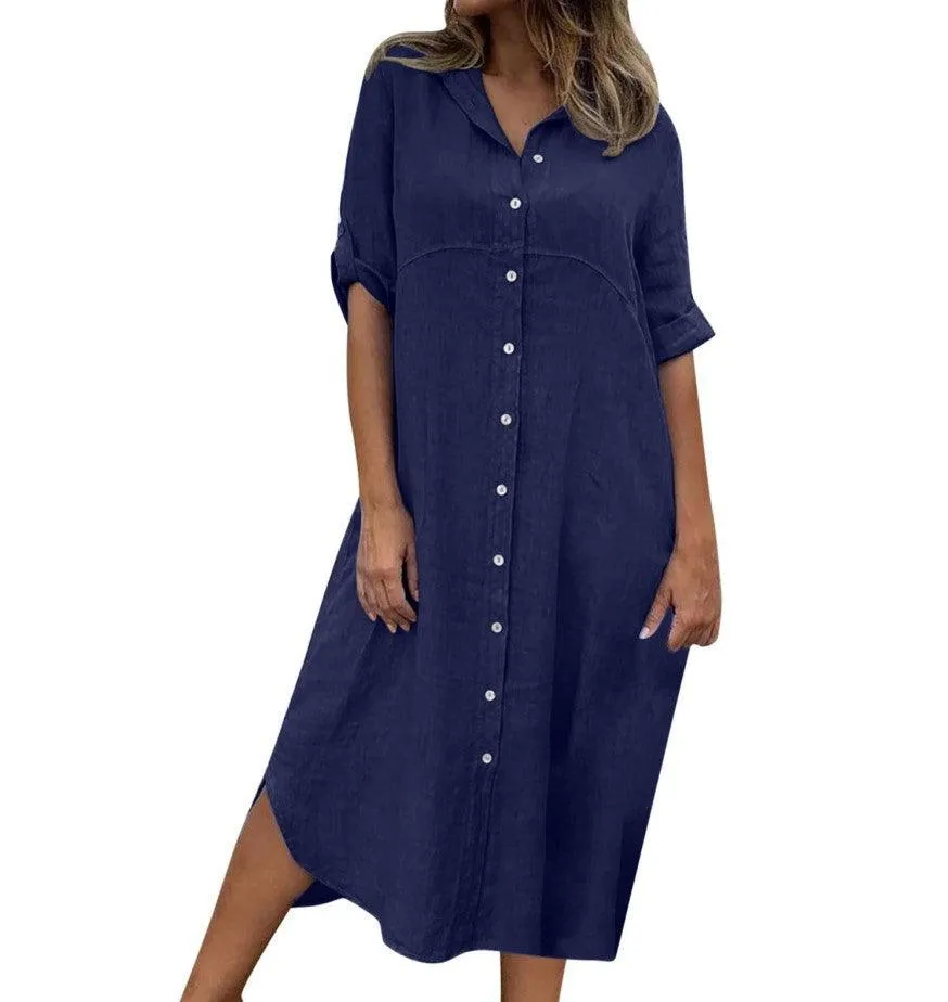 Plus Size Women's Cotton And Linen Shirt Dress