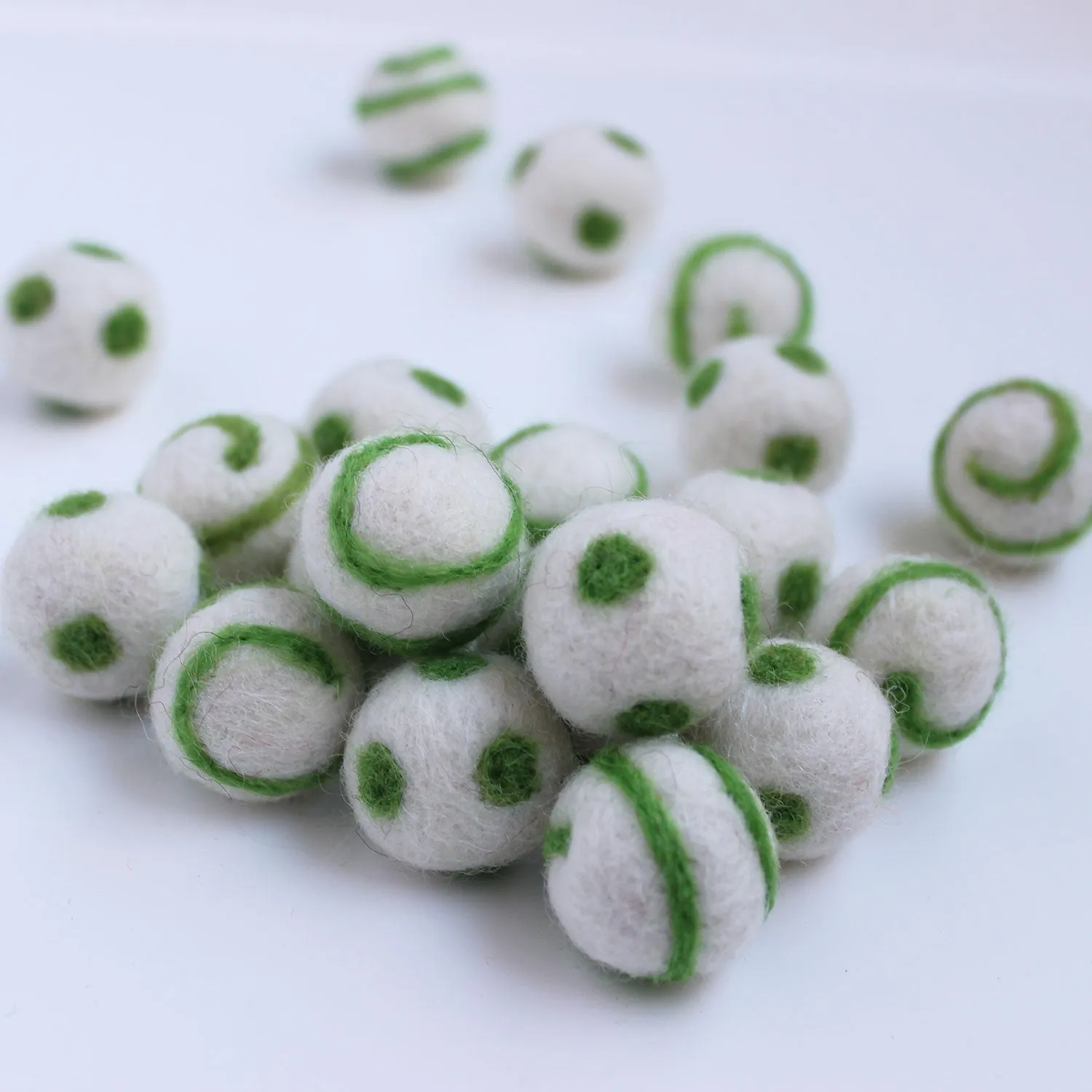 Polka Dot Swirl Felt Balls Spring Green On White