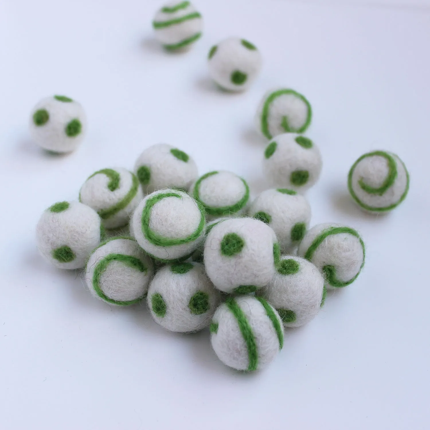 Polka Dot Swirl Felt Balls Spring Green On White