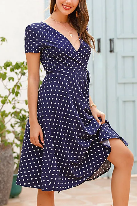 Polka Dot V-neck Slit Lace-up Chiffon Dress