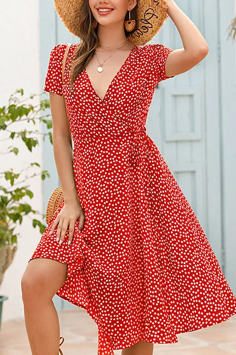 Polka Dot V-neck Slit Lace-up Chiffon Dress