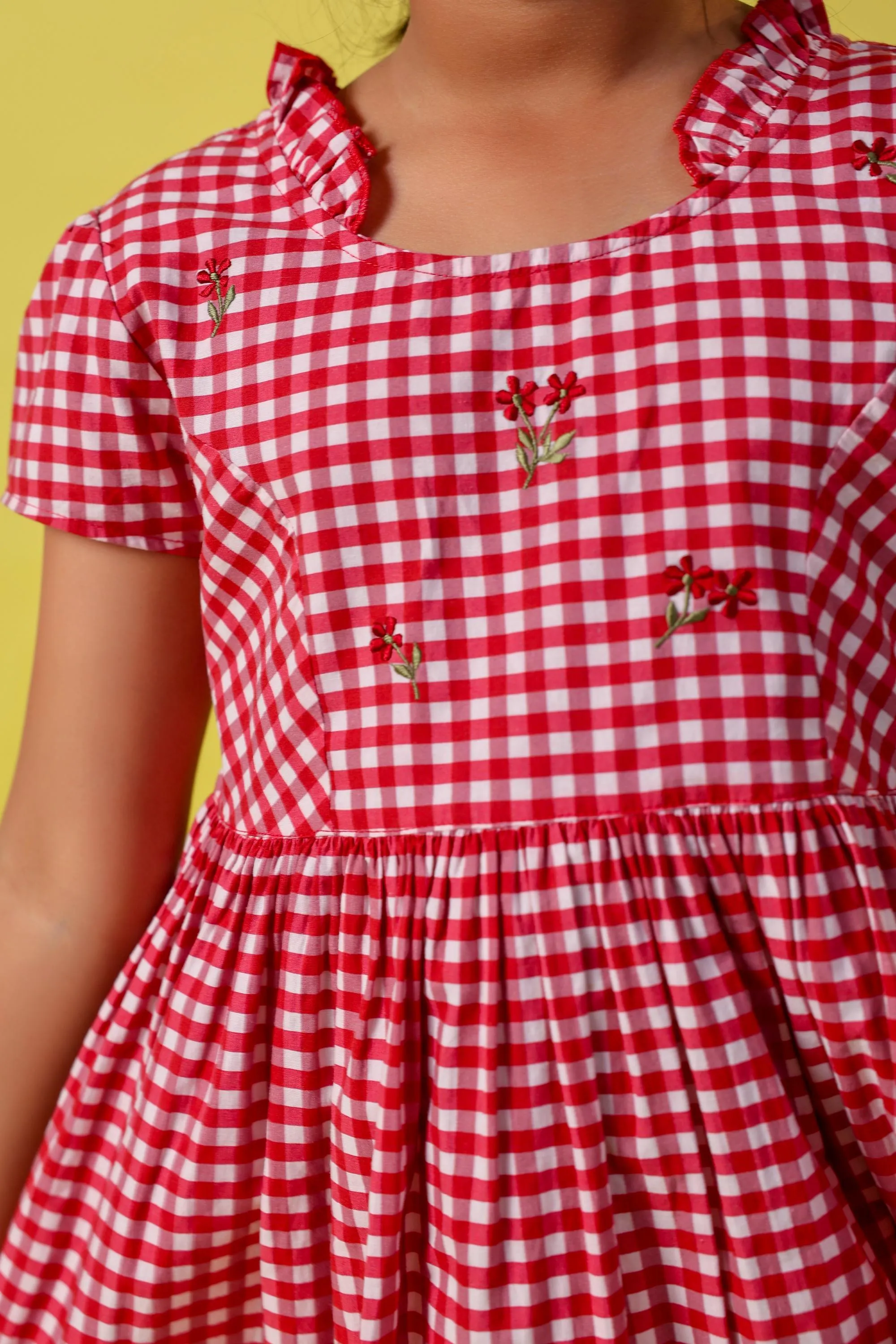 Red Checks Embroidery Dress