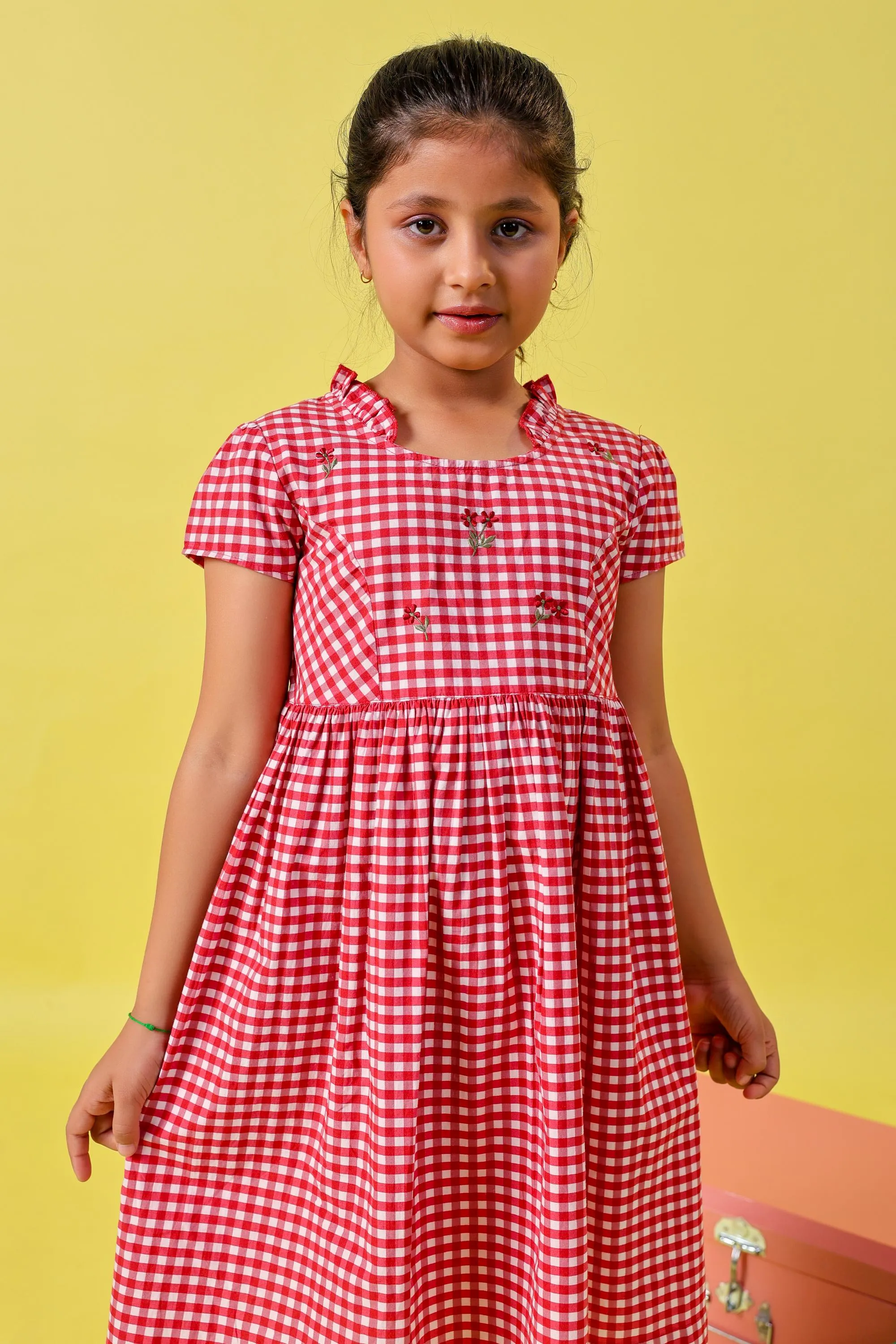 Red Checks Embroidery Dress