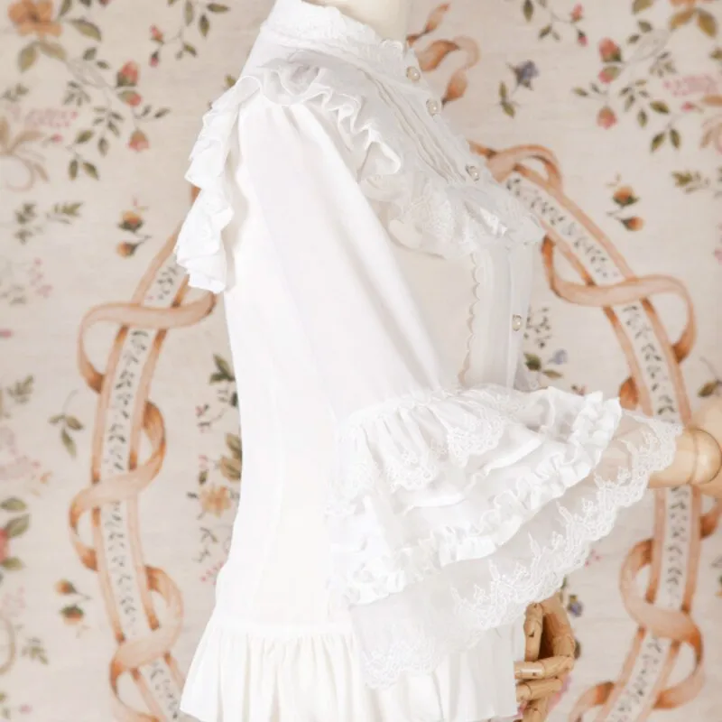 Sweet Lolita Chiffon Blouse with Lace Detailed Neckline Stand Collar Lace Flare Sleeve Women's Shirt