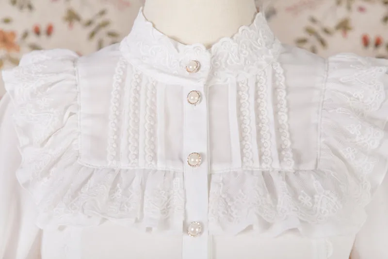 Sweet Lolita Chiffon Blouse with Lace Detailed Neckline Stand Collar Lace Flare Sleeve Women's Shirt