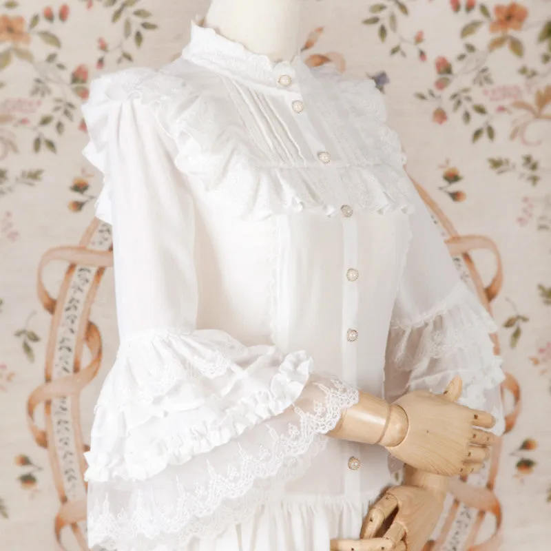 Sweet Lolita Chiffon Blouse with Lace Detailed Neckline Stand Collar Lace Flare Sleeve Women's Shirt