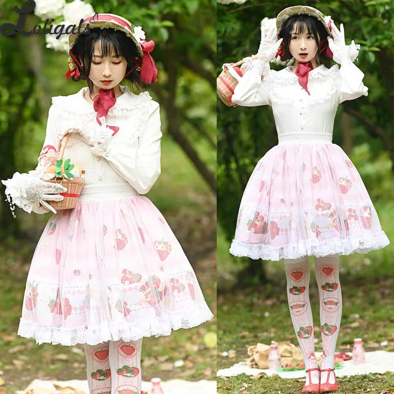 Sweet Short Pink Skirt Mori Girl Strawberry Printed A line Lolita Skirt