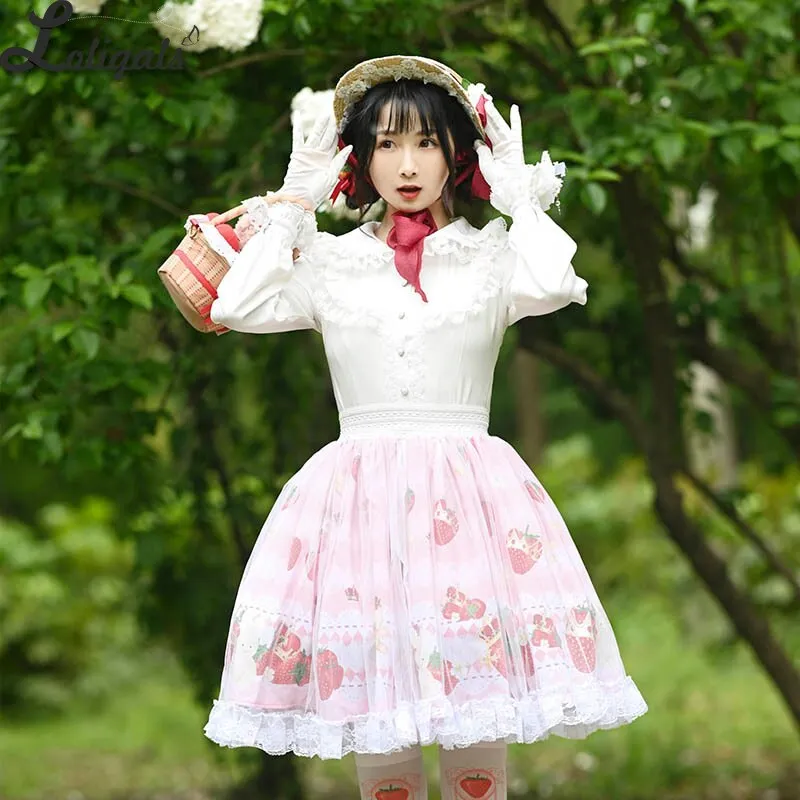 Sweet Short Pink Skirt Mori Girl Strawberry Printed A line Lolita Skirt