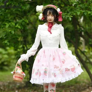 Sweet Short Pink Skirt Mori Girl Strawberry Printed A line Lolita Skirt