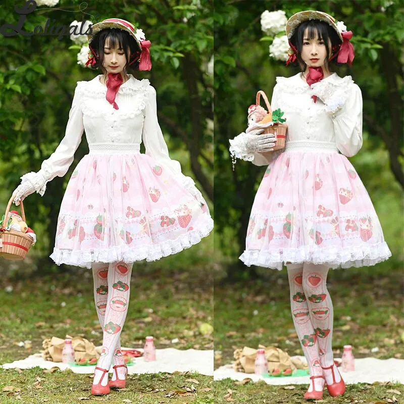 Sweet Short Pink Skirt Mori Girl Strawberry Printed A line Lolita Skirt