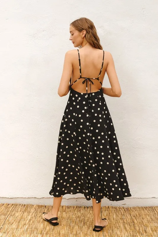 Sydney Sleeveless Back Tie Polka Dot Print Maxi Dress Black