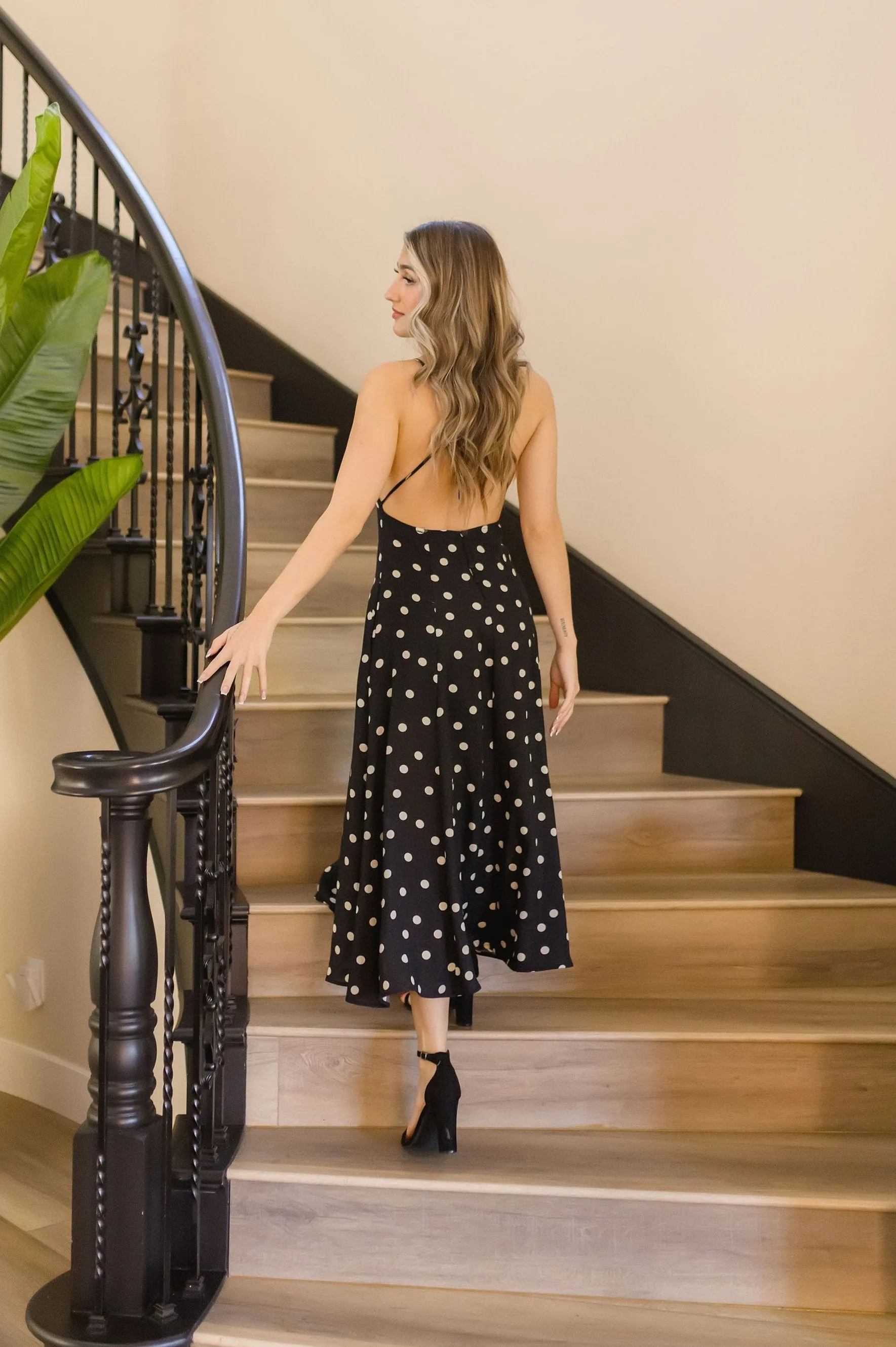 Sydney Sleeveless Back Tie Polka Dot Print Maxi Dress Black