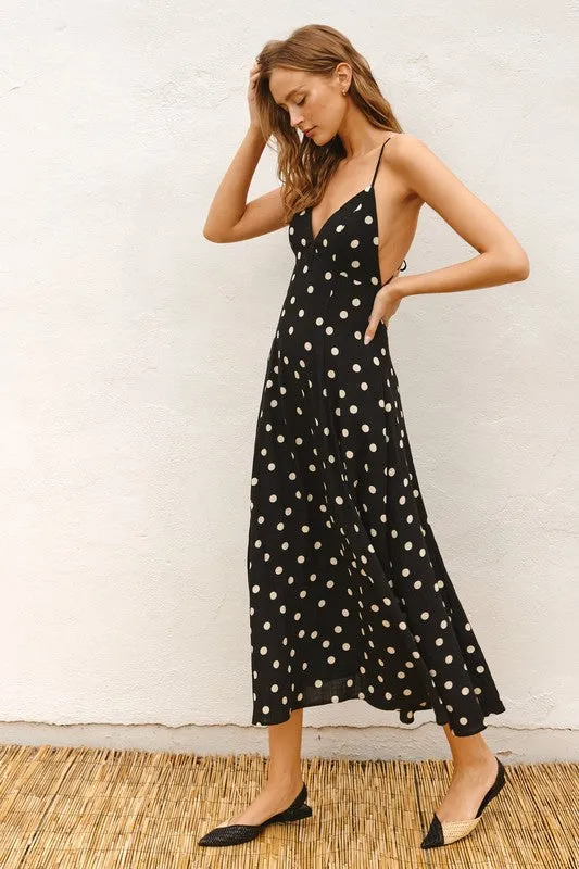 Sydney Sleeveless Back Tie Polka Dot Print Maxi Dress Black