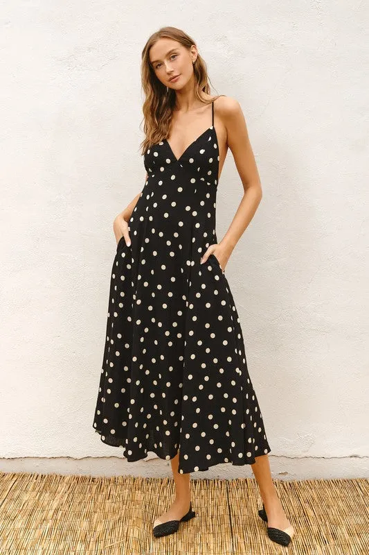 Sydney Sleeveless Back Tie Polka Dot Print Maxi Dress Black