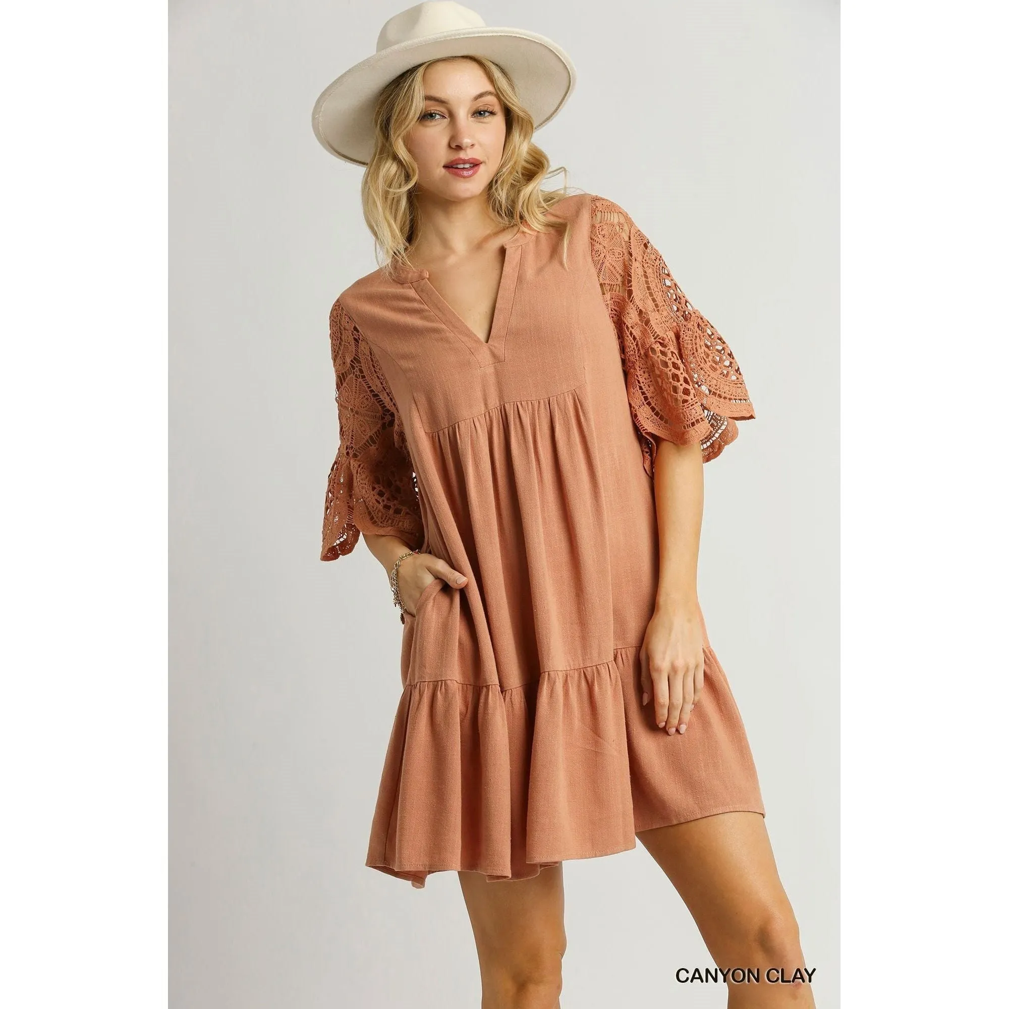 Umgee Linen V -Neck Mini Dress