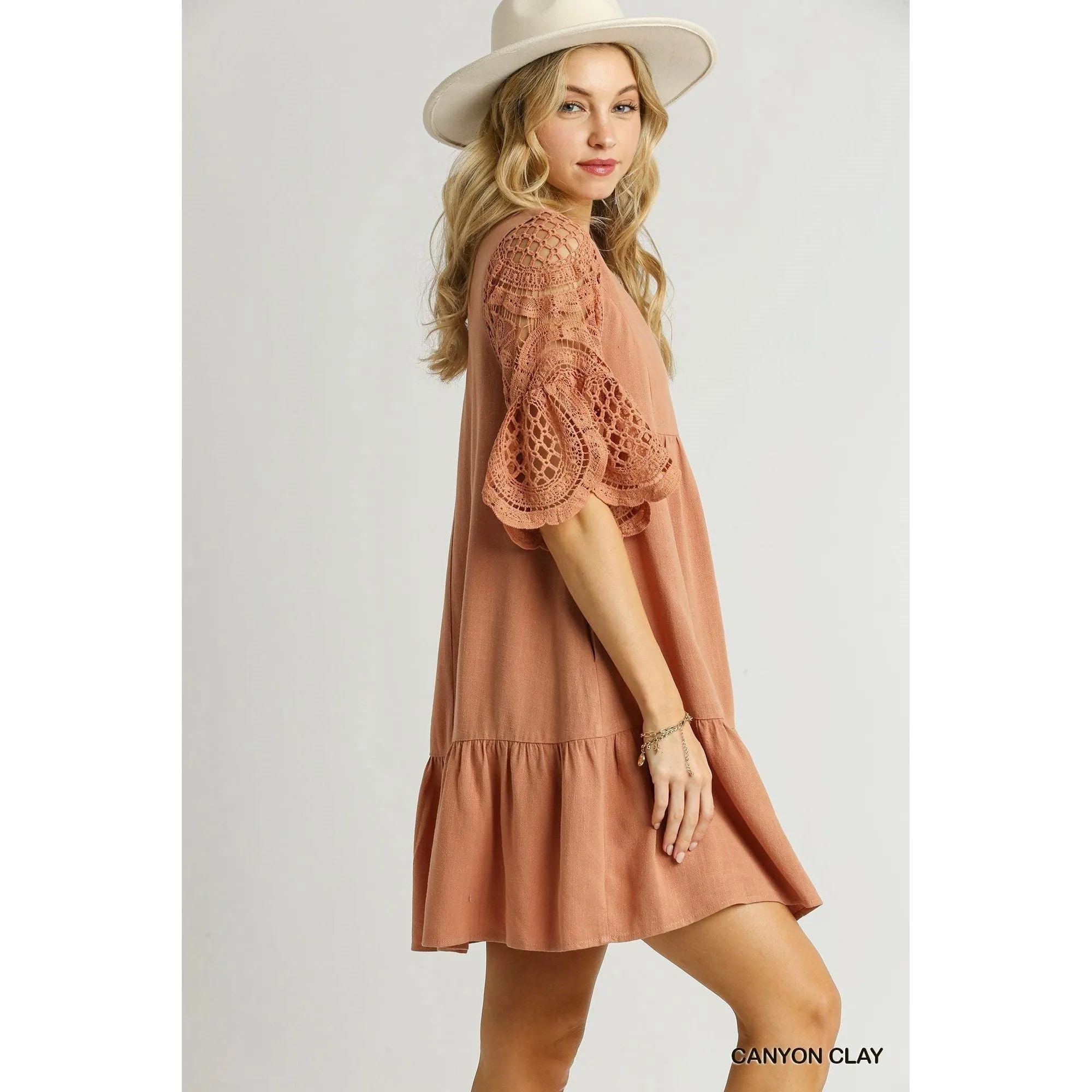 Umgee Linen V -Neck Mini Dress