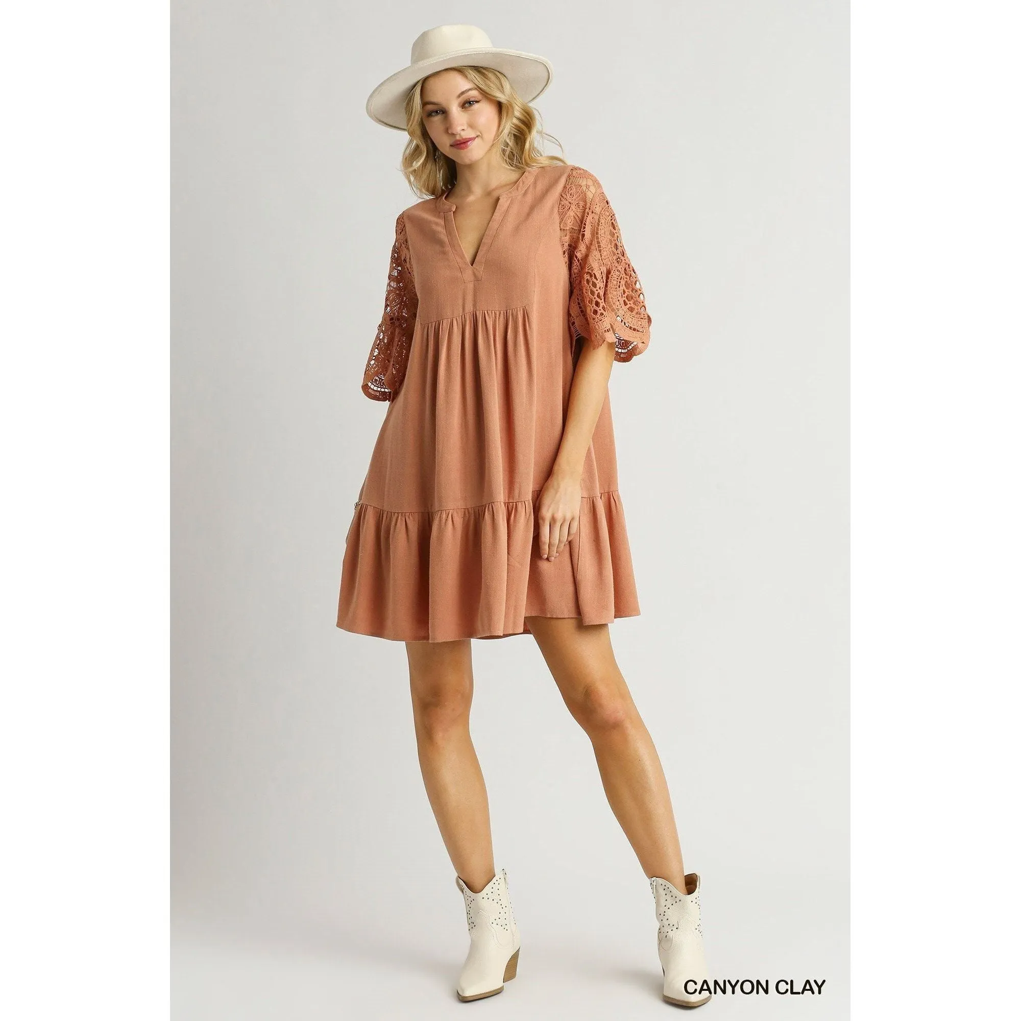 Umgee Linen V -Neck Mini Dress