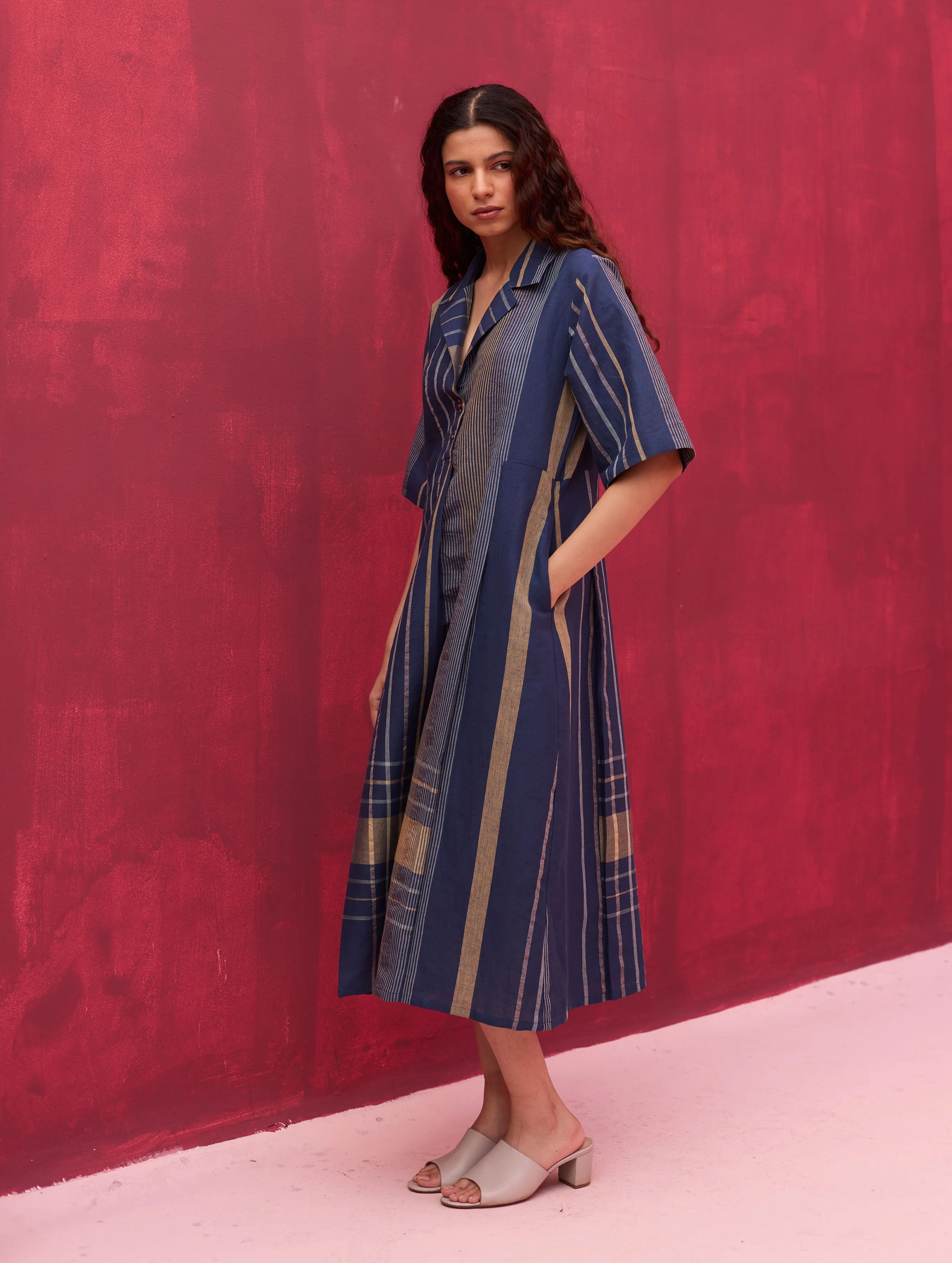 Vera Check Linen Dress - Navy