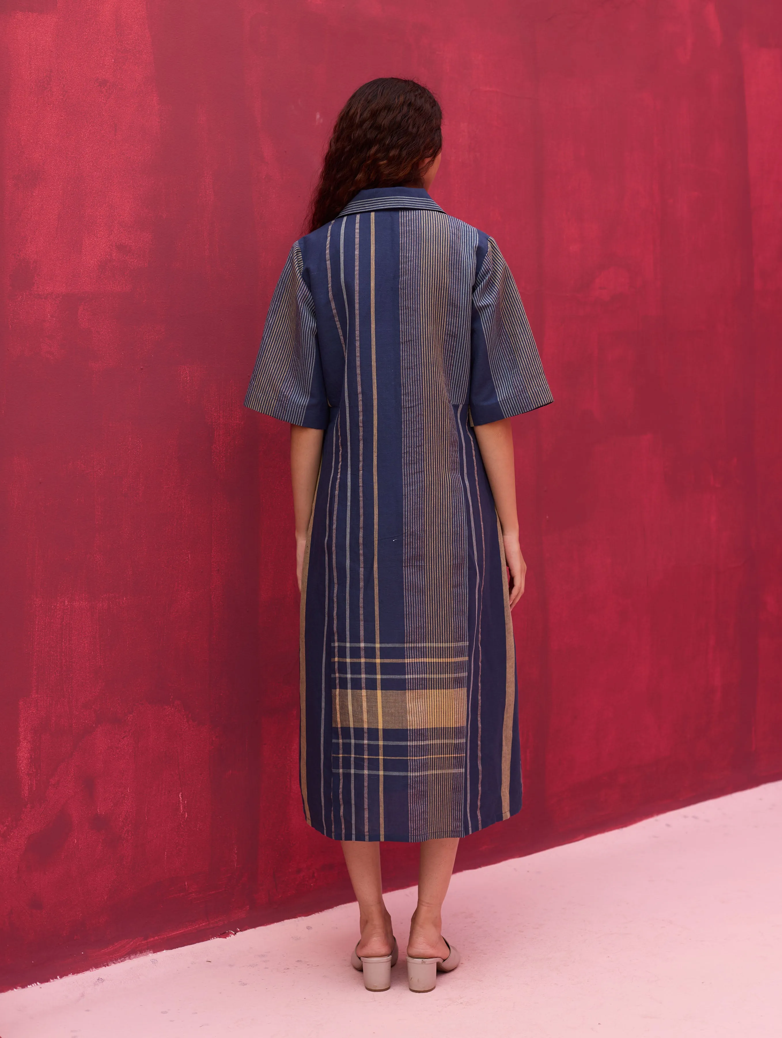 Vera Check Linen Dress - Navy