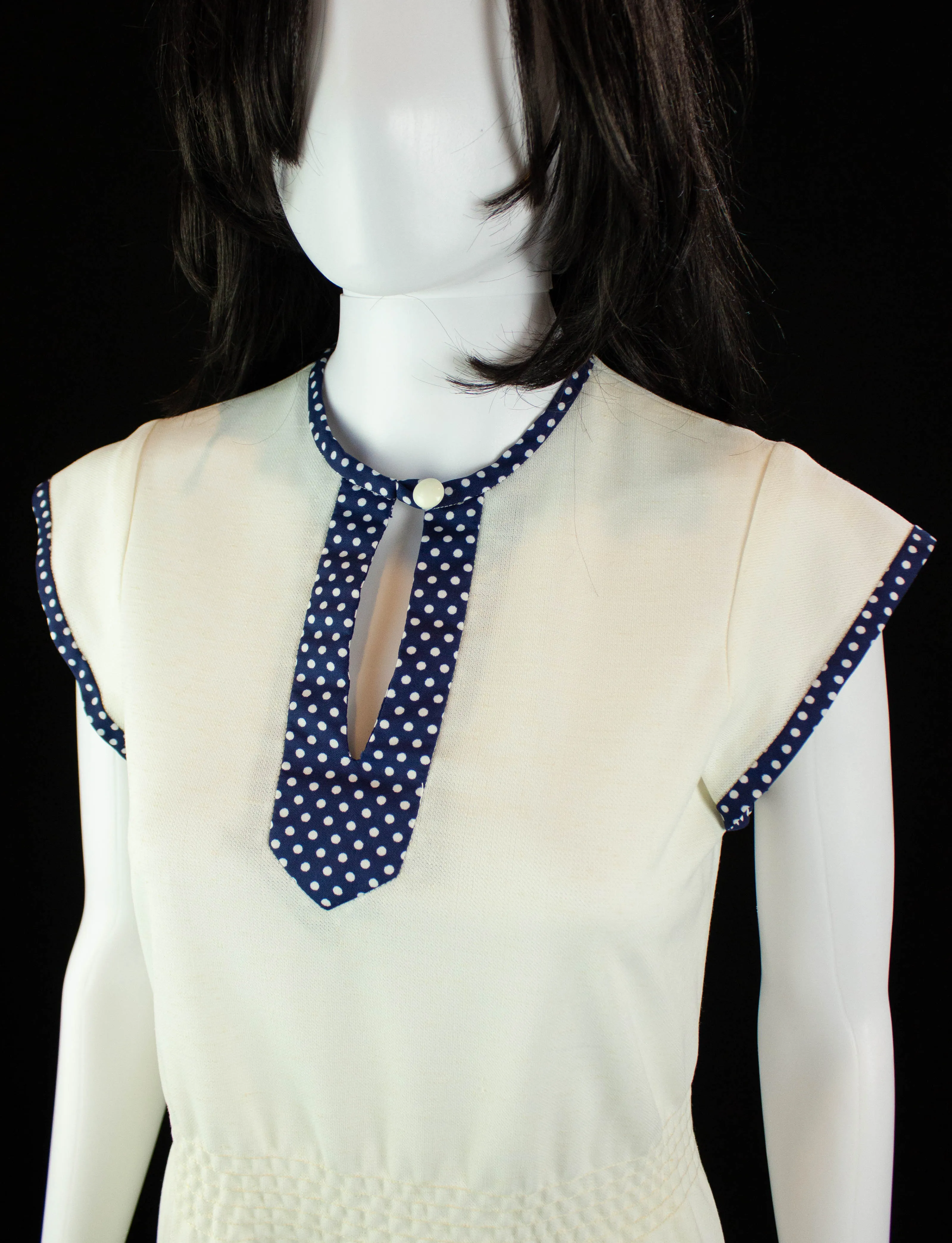 Vintage Jerell of Texas Polka Dot Trim Dress 70s White and Navy Blue Small-Medium