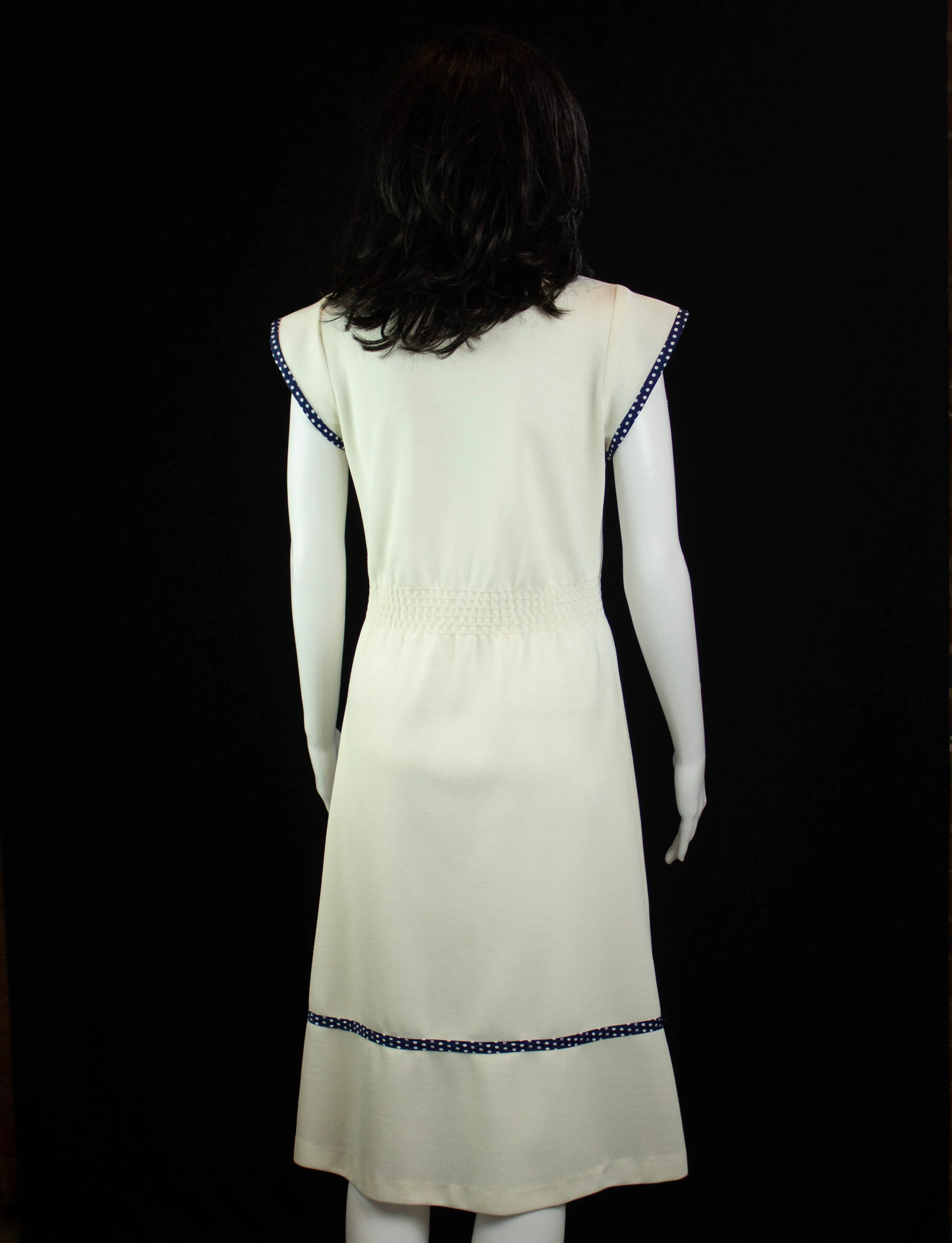 Vintage Jerell of Texas Polka Dot Trim Dress 70s White and Navy Blue Small-Medium