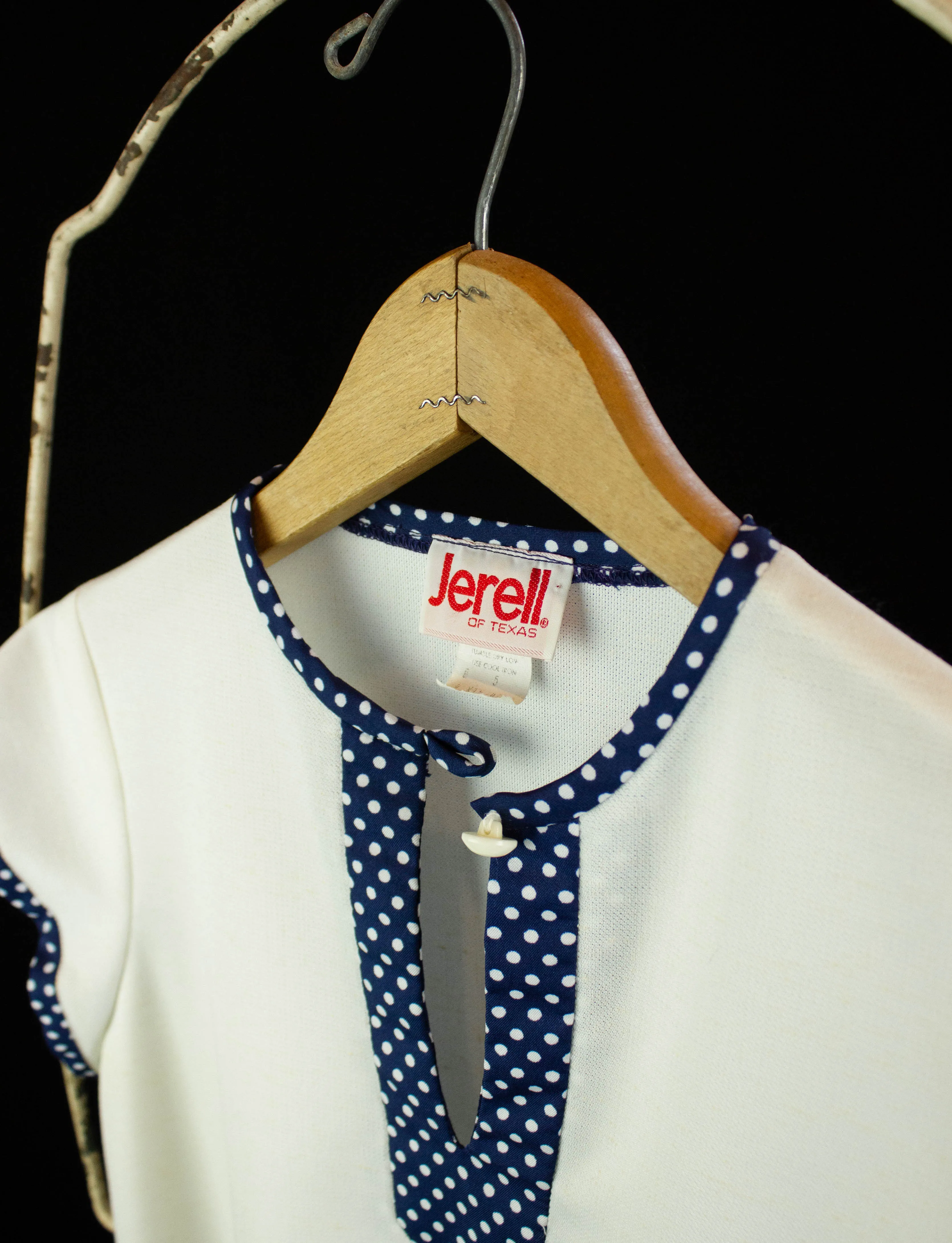 Vintage Jerell of Texas Polka Dot Trim Dress 70s White and Navy Blue Small-Medium