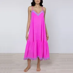 Wave Embroidery V Neck Midi Dress in Fuchsia/Aqua