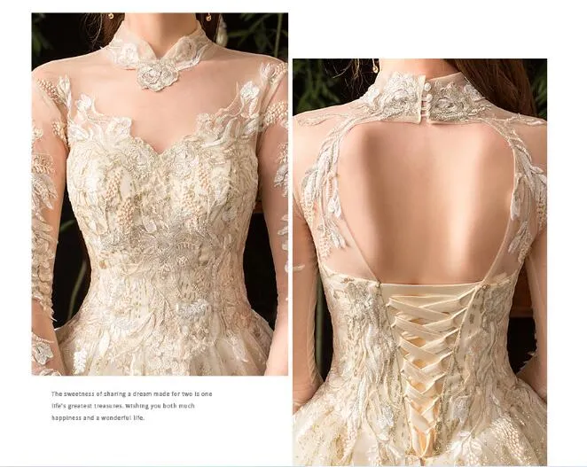 Wedding dress 2022 new star French style long sleeves stand collar Hepburn bride large size peng yarn wholesale