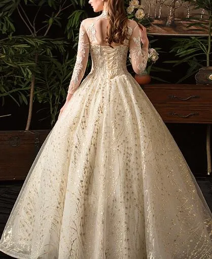 Wedding dress 2022 new star French style long sleeves stand collar Hepburn bride large size peng yarn wholesale