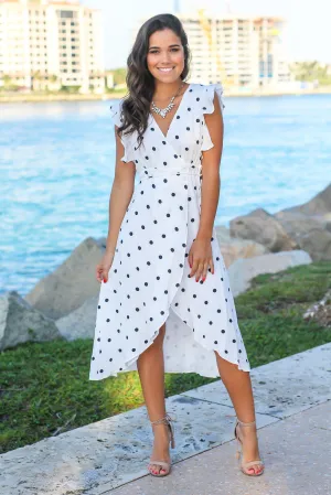 White and Navy Polka Dot Wrap Dress