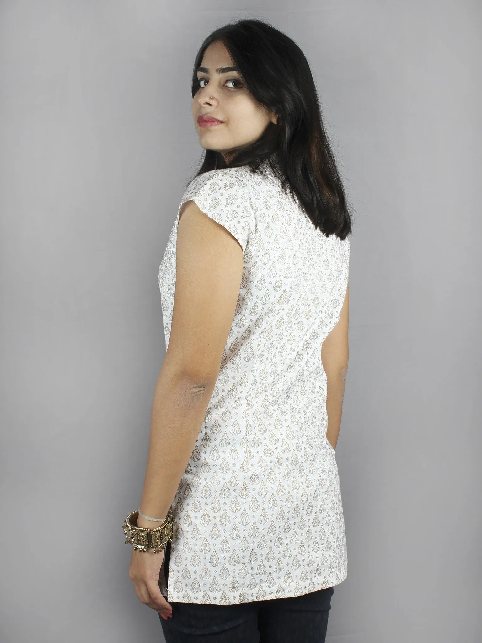 White Beige Hand Block Printed Shirt- S3517022