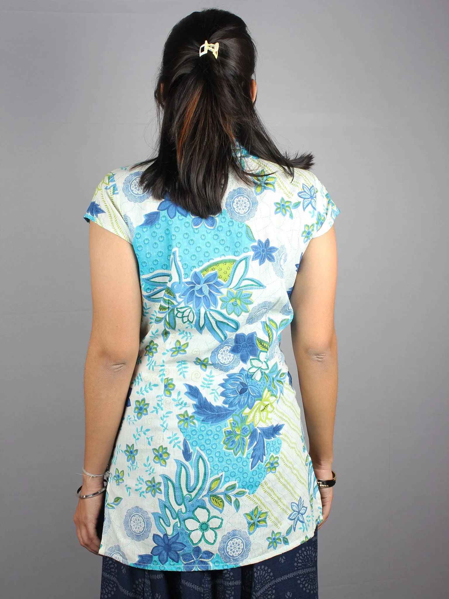 White Blue Hand Block Printed Shirt- S3517025