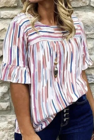 White Stripe Ruffled Short Sleeve Top - #7351-7