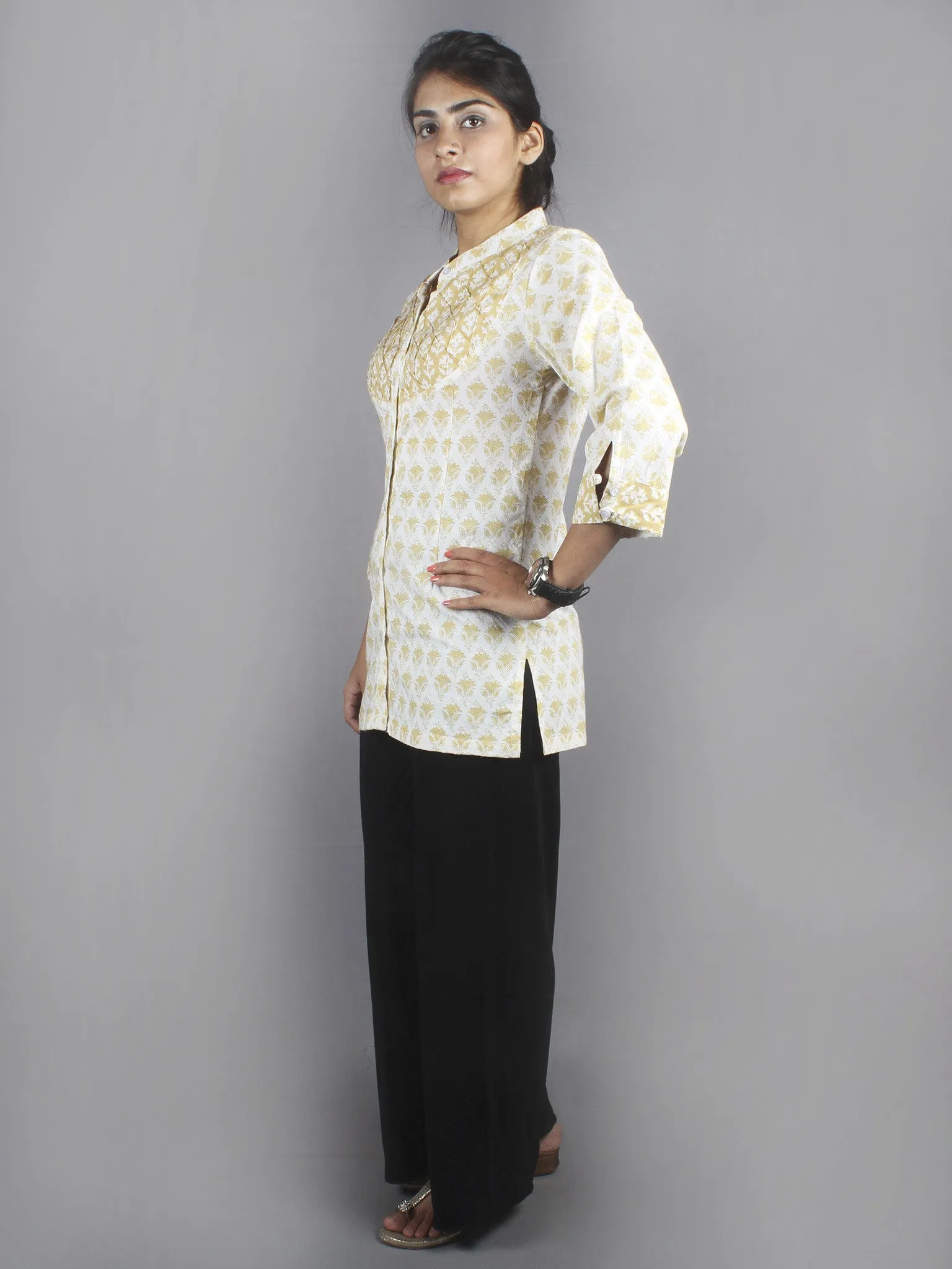 White Yellow Hand Block Printed Shirt- S3517017