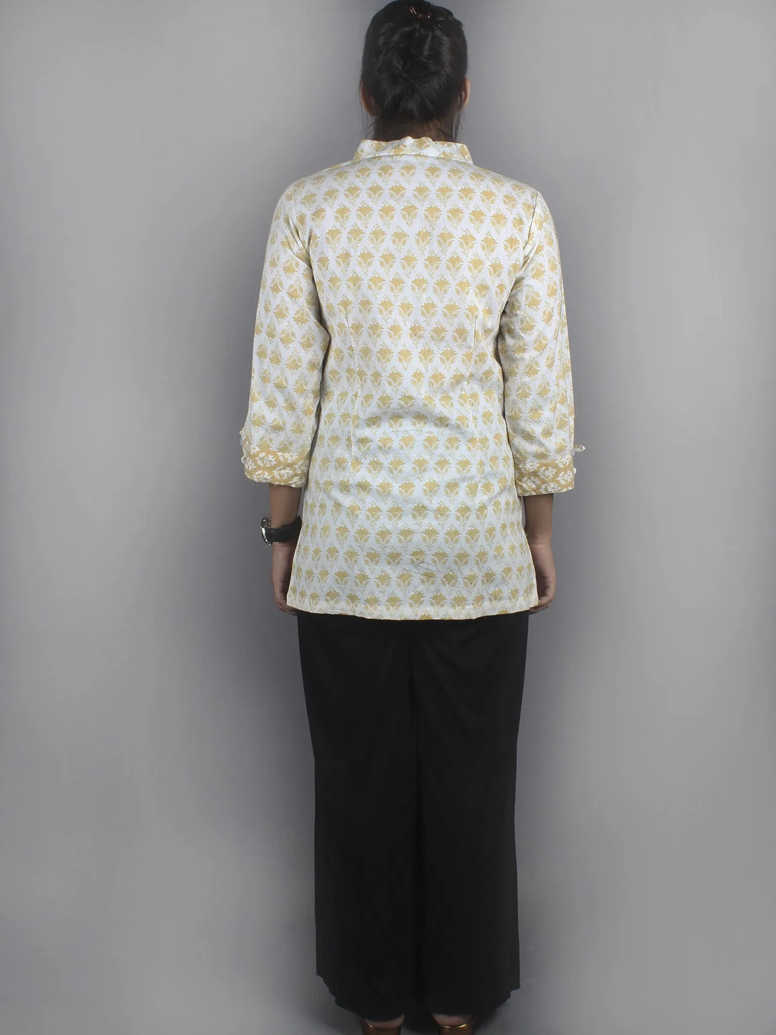 White Yellow Hand Block Printed Shirt- S3517017