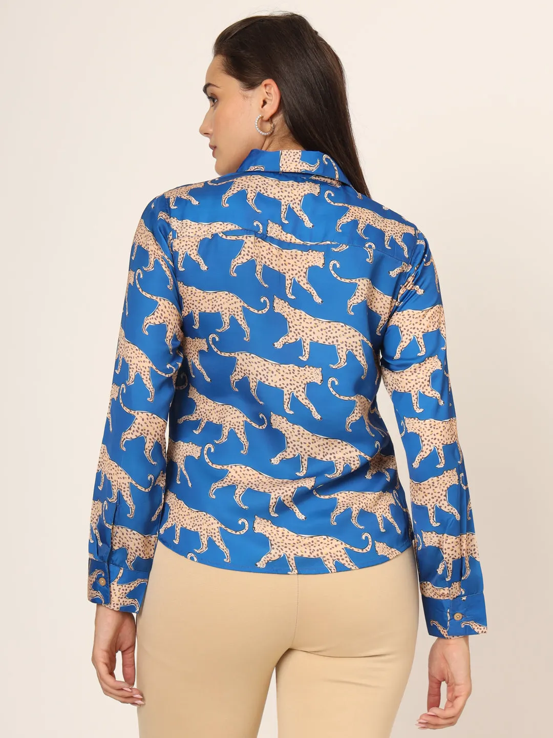 Women Slim Fit Animal Printed Spread Collar Casual Blue Shirt