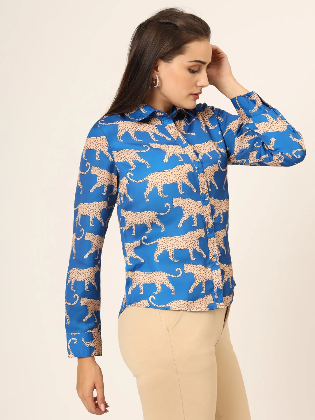 Women Slim Fit Animal Printed Spread Collar Casual Blue Shirt